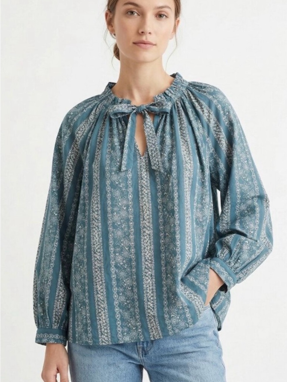 a.n.a ~ Misses XXL Blue Floral Dot Printed Tie-Neck Peasant Blouse NEW WITH TAGS